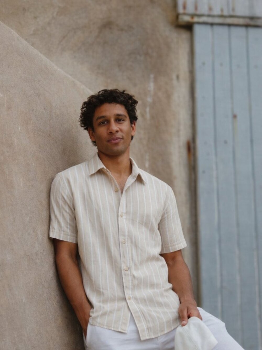 Porter & Ash Linen Blend Short Sleeve Button Up Casual Shirt Beige Stripe S NWT